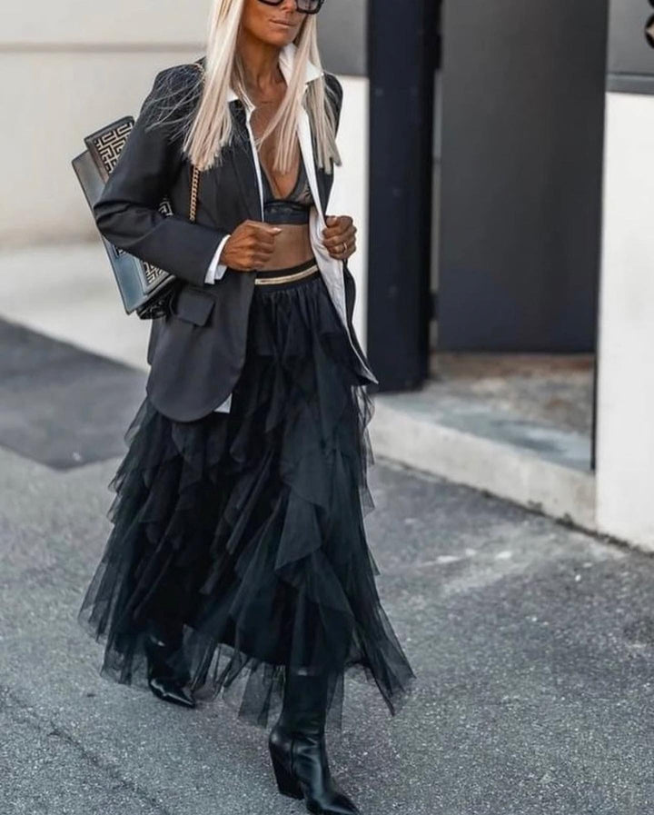 Mesh Maxi Skirt Tiered Ruffle Elastic Waist Women