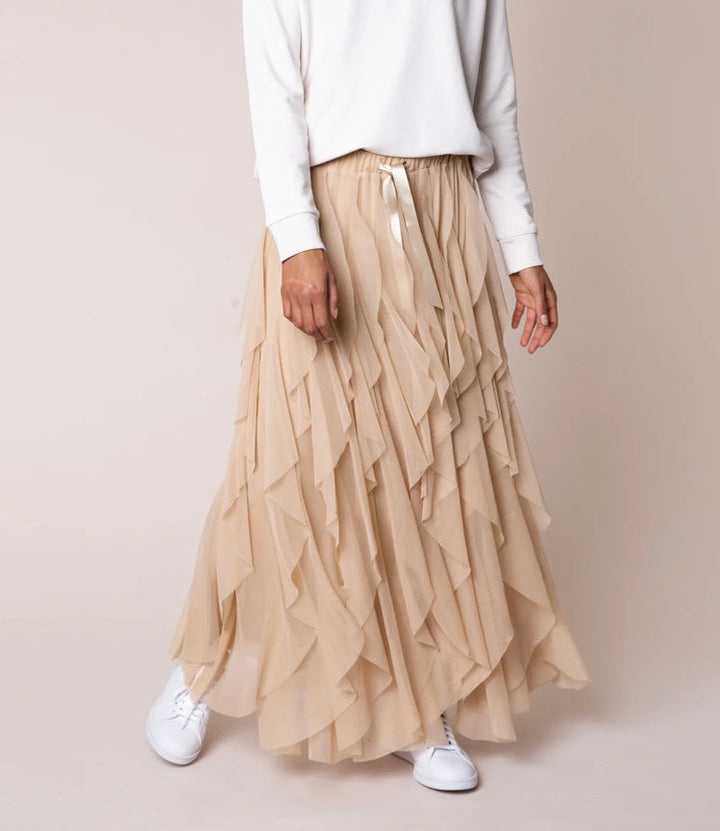 Mesh Maxi Skirt Tiered Ruffle Elastic Waist Women