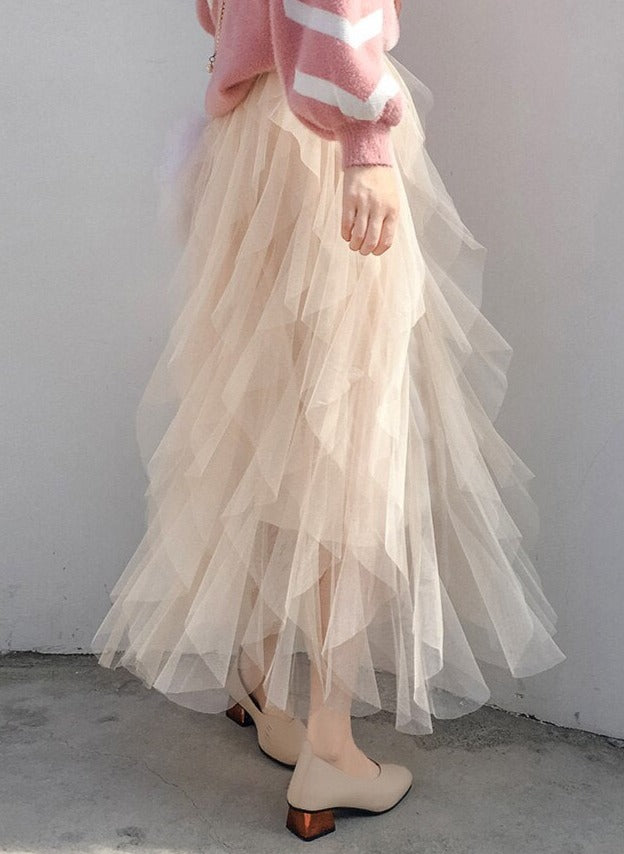 Mesh Maxi Skirt Tiered Ruffle Elastic Waist Women