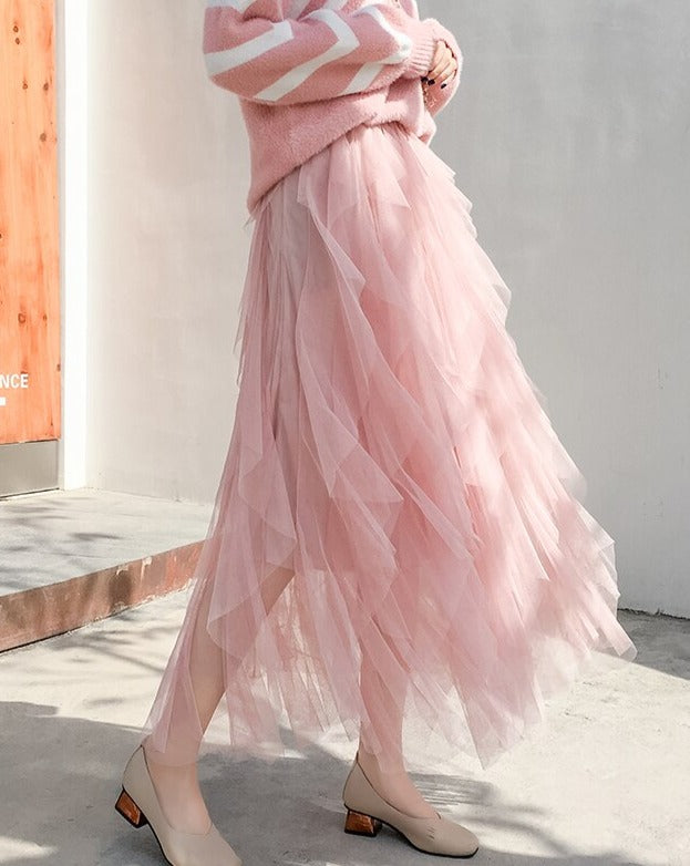 Mesh Maxi Skirt Tiered Ruffle Elastic Waist Women
