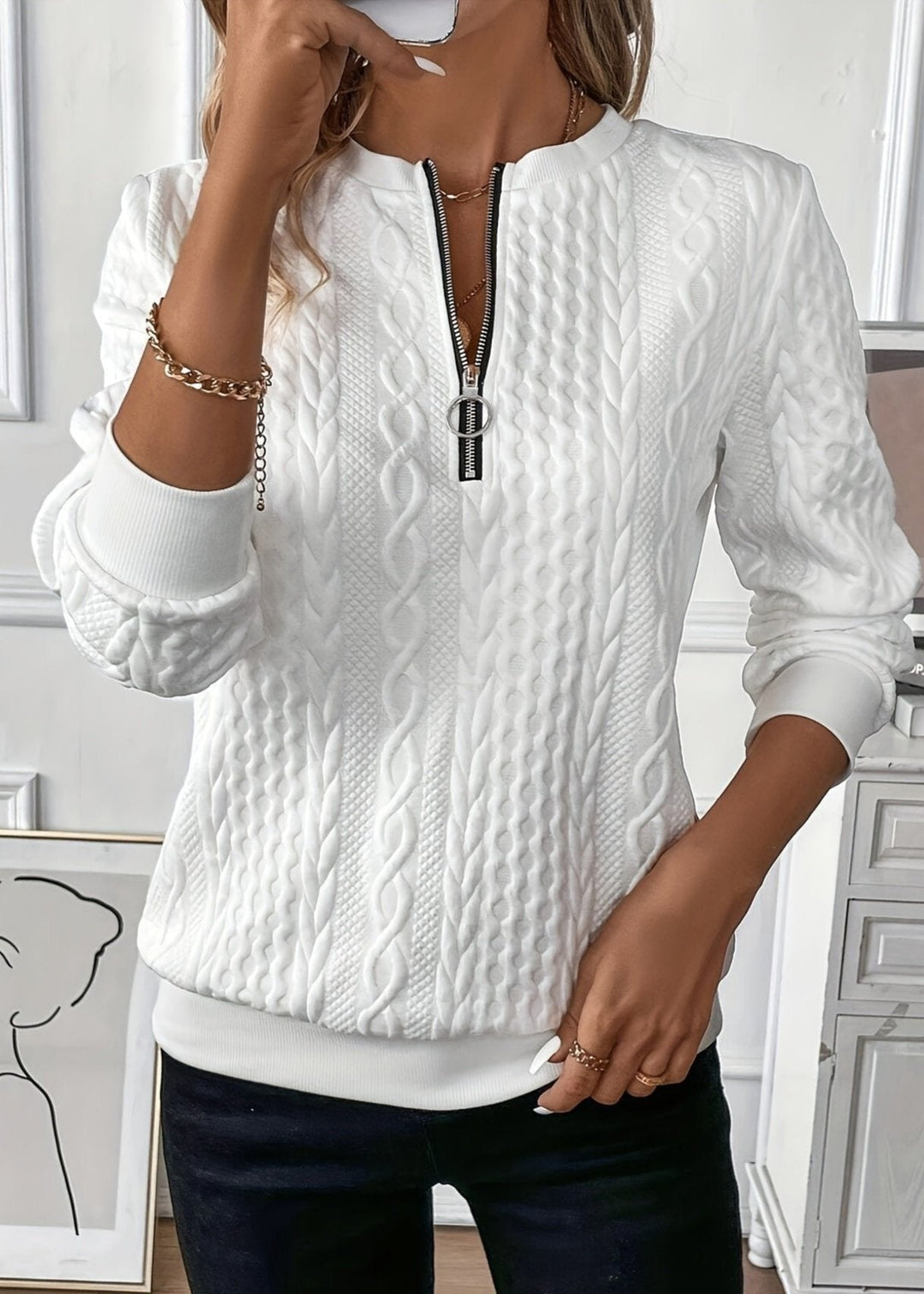 Longline Cable Knit Zip Neck Sweater for Men
