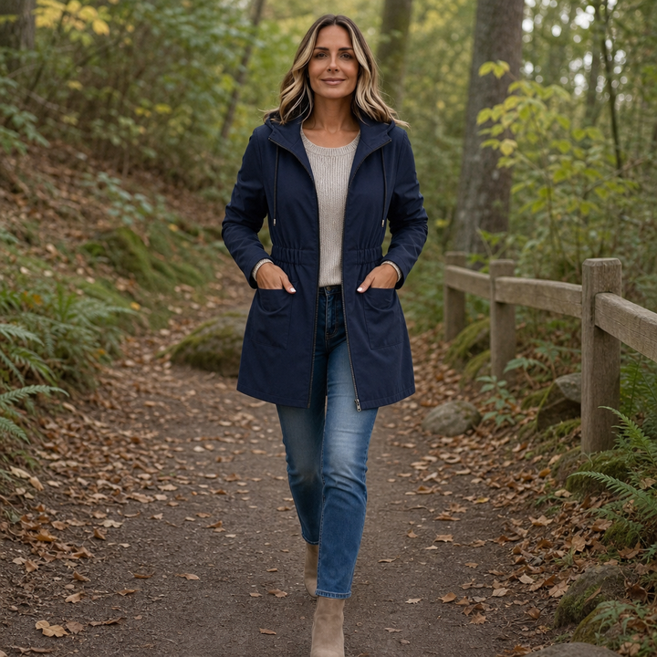 Womens Slim Fit Hooded Rain Jacket Drawstring Waist