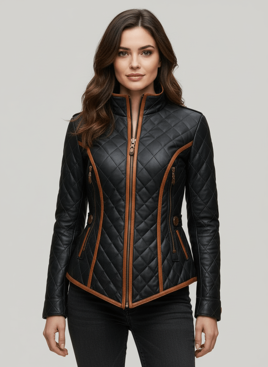 Womens Quilted Leather Jacket Diamond Padded Coat