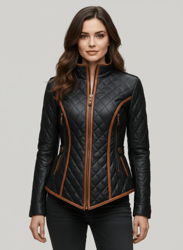 Womens Quilted Leather Jacket Diamond Padded Coat
