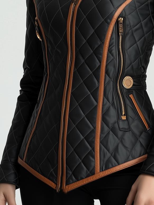 Womens Quilted Leather Jacket Diamond Padded Coat