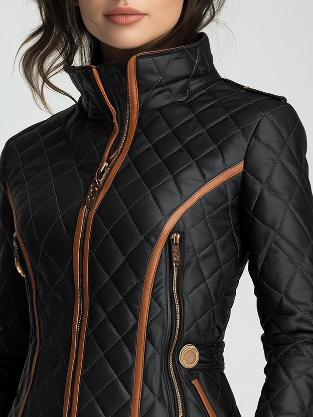 Womens Quilted Leather Jacket Diamond Padded Coat