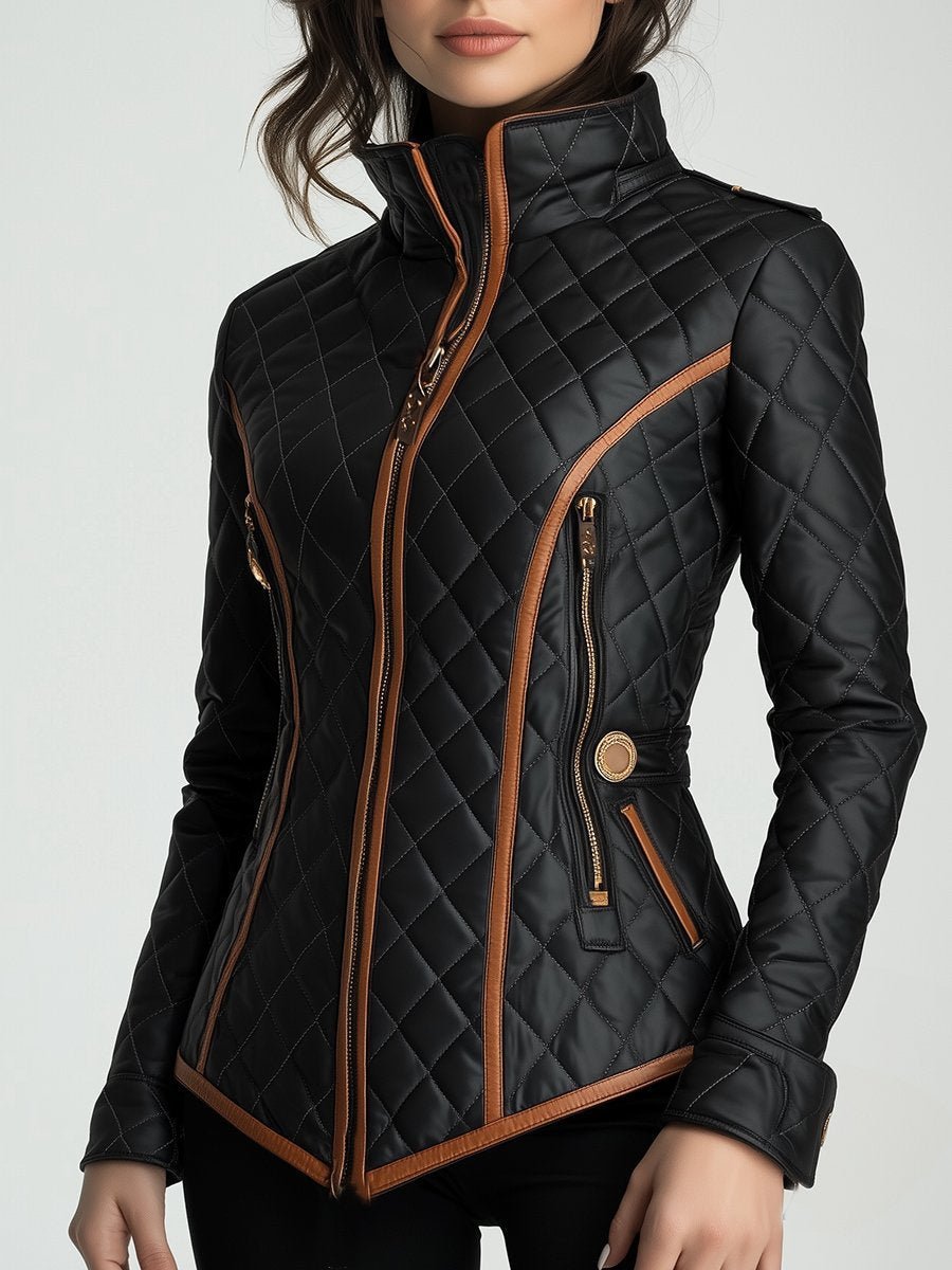 Womens Quilted Leather Jacket Diamond Padded Coat