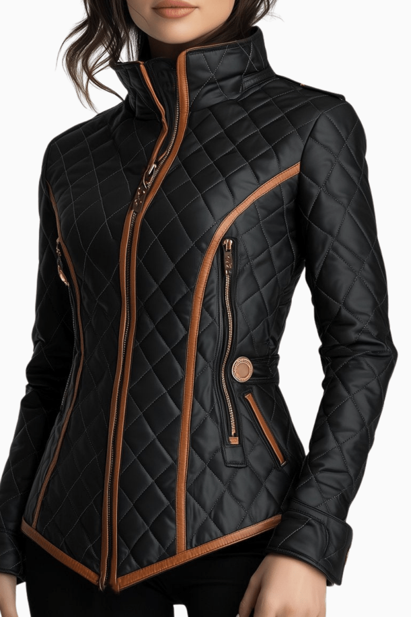 Womens Quilted Leather Jacket Diamond Padded Coat
