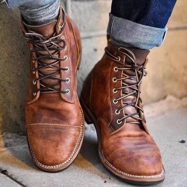 Mens Leather Lace Up Ankle Boots Cap Toe Welt Stitch