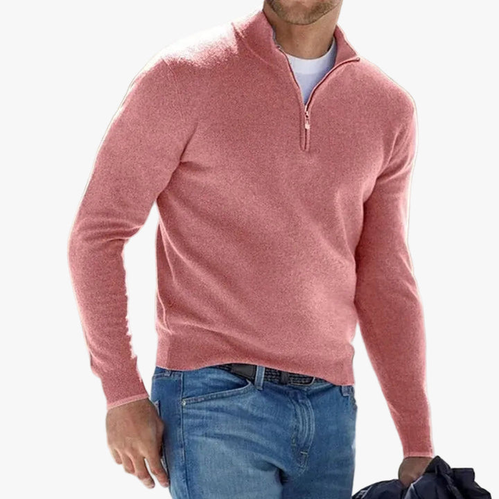 Men Polyester Knit Quarter Zip Sweater Ribbed Hem