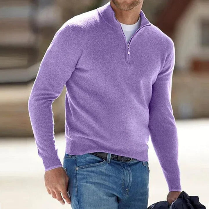 Men Polyester Knit Quarter Zip Sweater Ribbed Hem