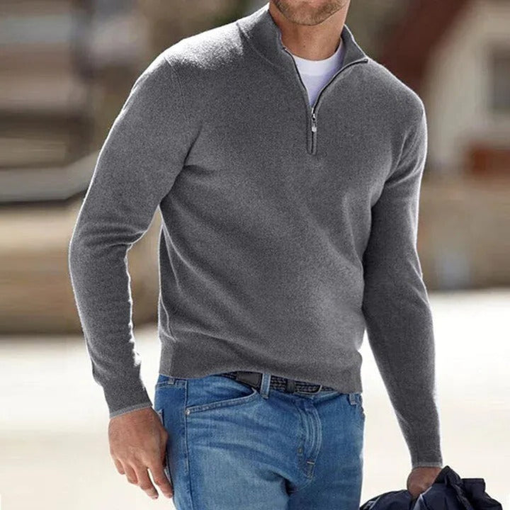 Men Polyester Knit Quarter Zip Sweater Ribbed Hem