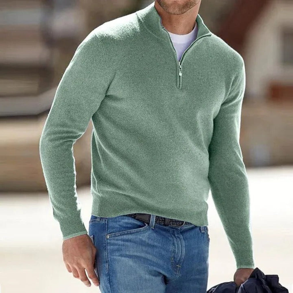 Men Polyester Knit Quarter Zip Sweater Ribbed Hem