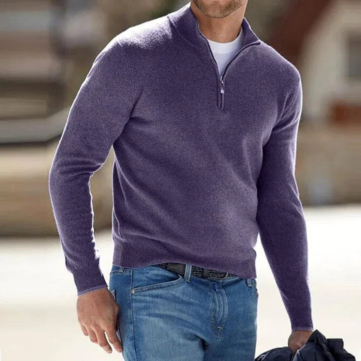 Men Polyester Knit Quarter Zip Sweater Ribbed Hem