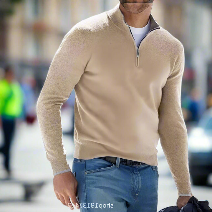 Men Polyester Knit Quarter Zip Sweater Ribbed Hem