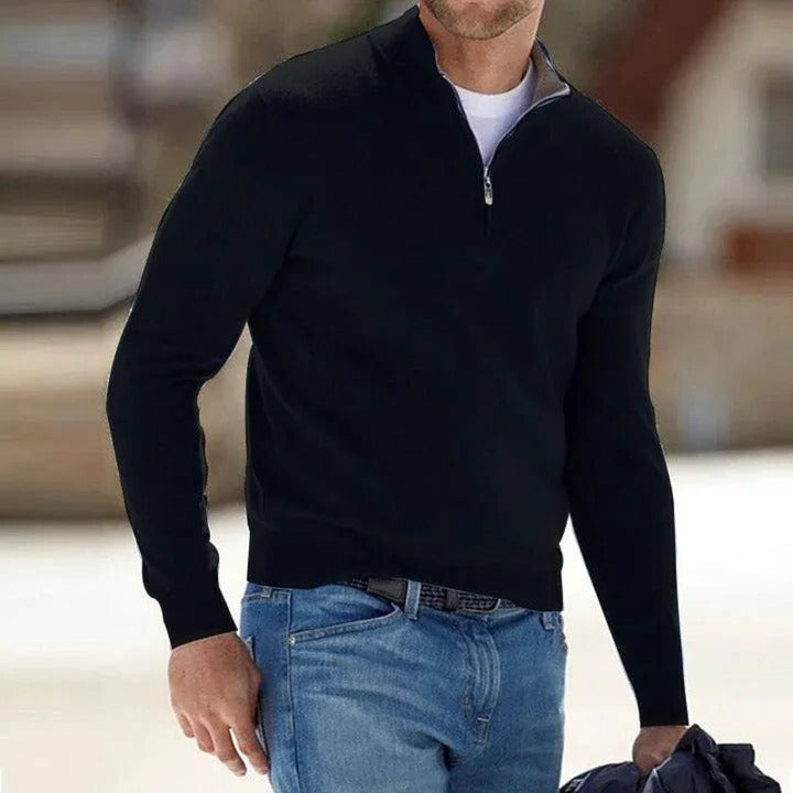 Men Polyester Knit Quarter Zip Sweater Ribbed Hem