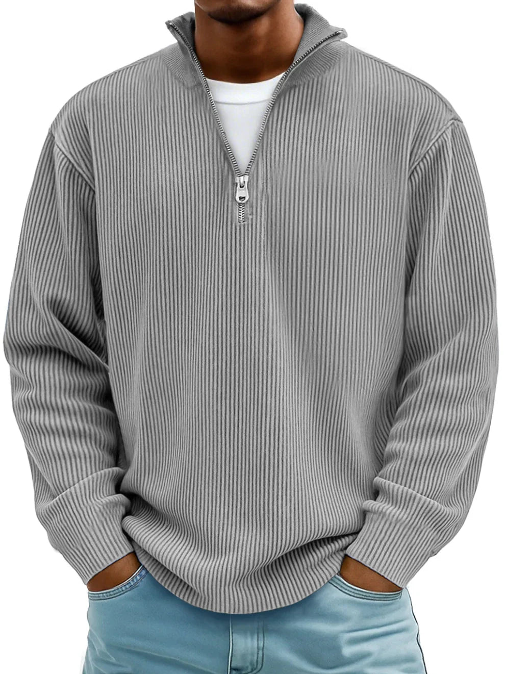 Mens Ribbed Knit Quarter Zip Sweater Stand Collar