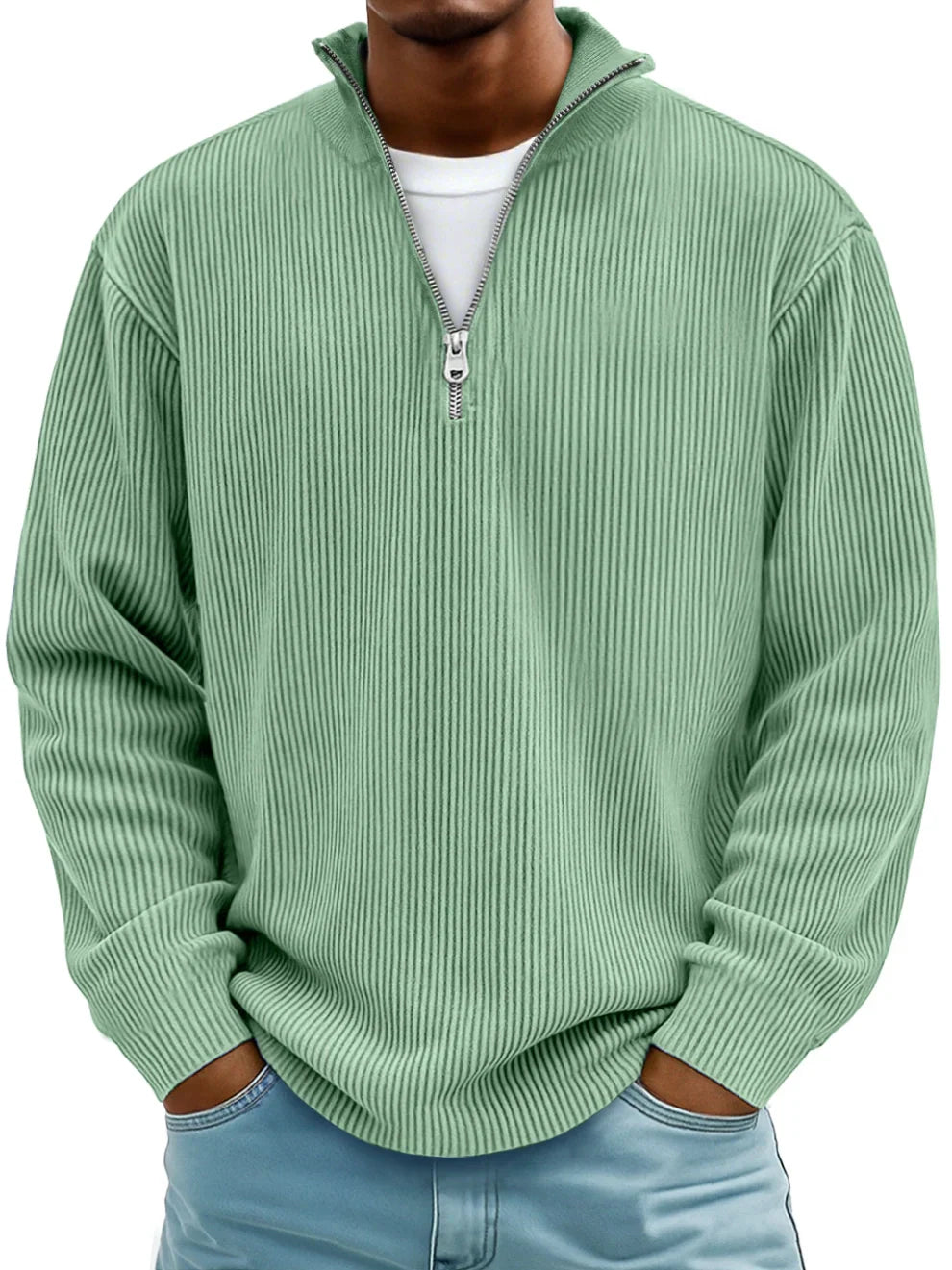 Mens Ribbed Knit Quarter Zip Sweater Stand Collar