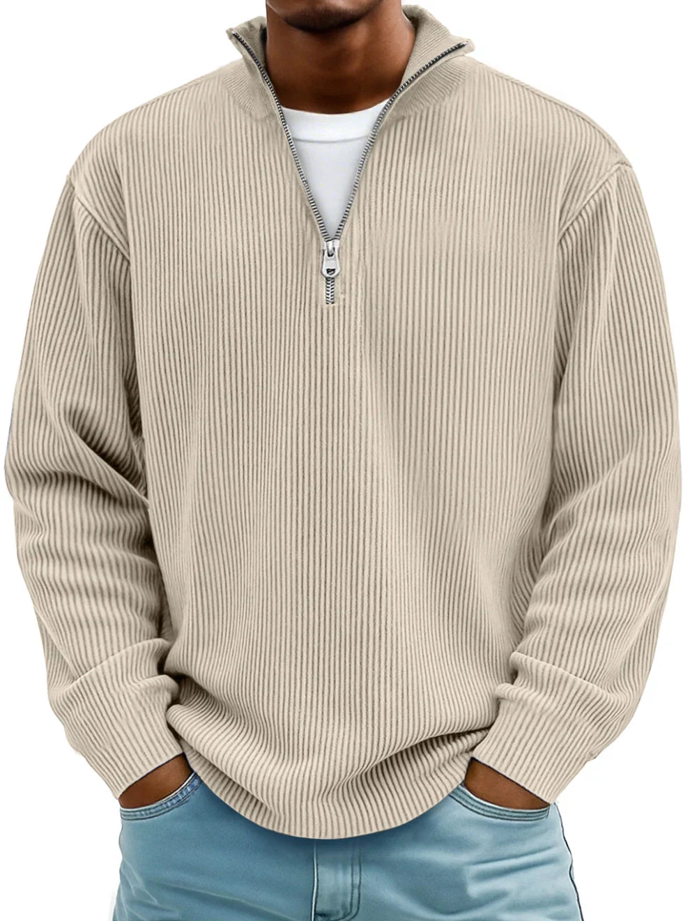 Mens Ribbed Knit Quarter Zip Sweater Stand Collar