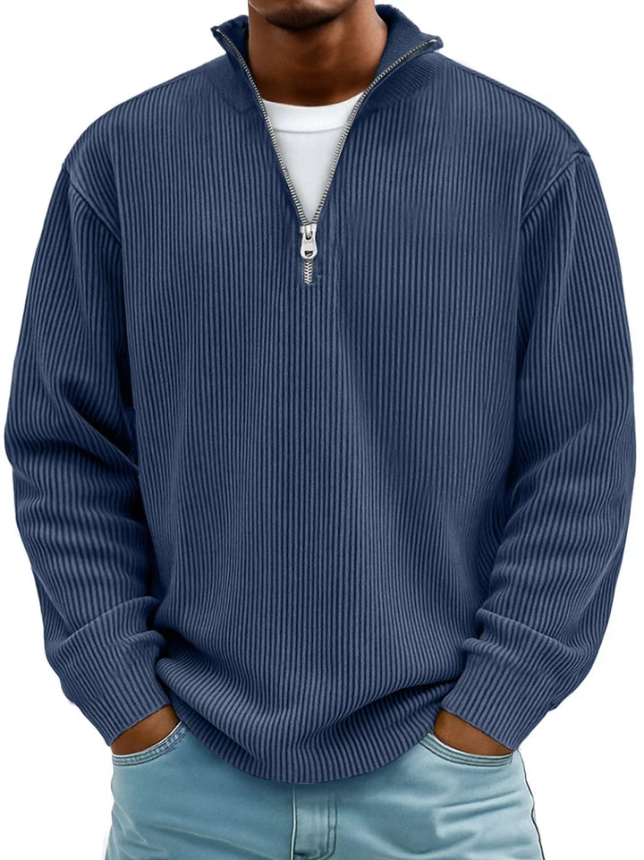 Mens Ribbed Knit Quarter Zip Sweater Stand Collar