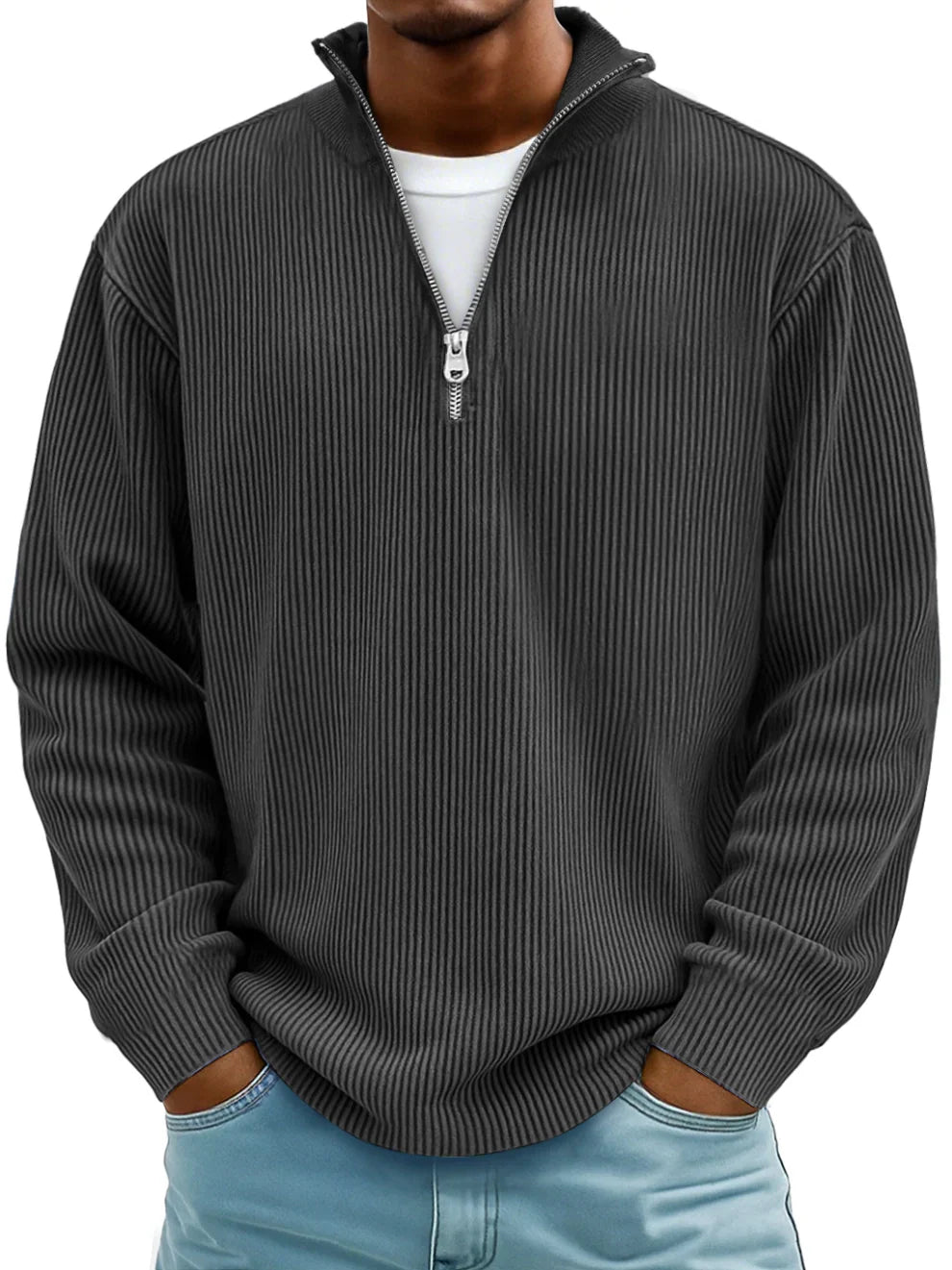 Mens Ribbed Knit Quarter Zip Sweater Stand Collar