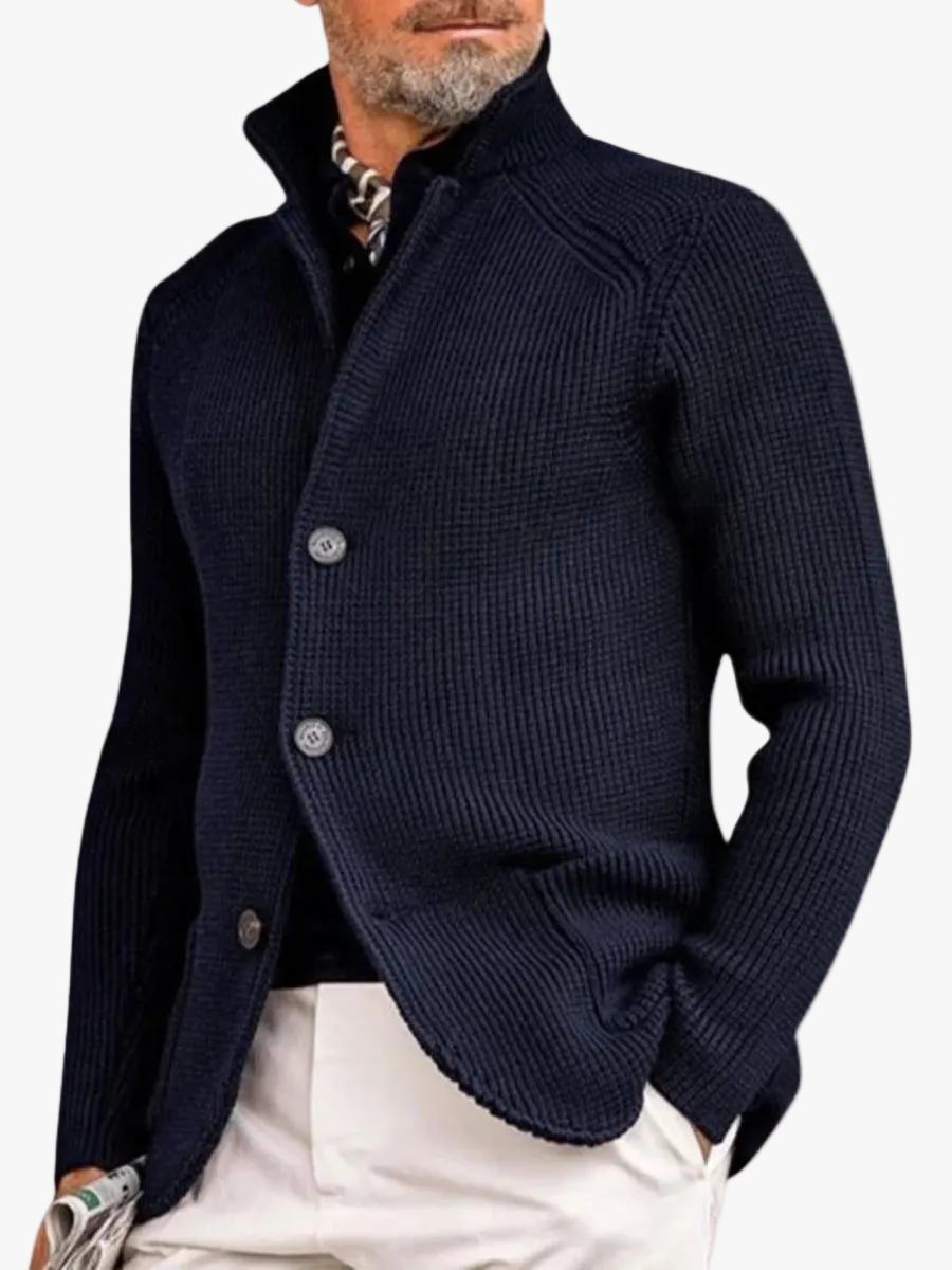 Mens Waffle Knit Cardigan Sweater Stand Collar Button Front