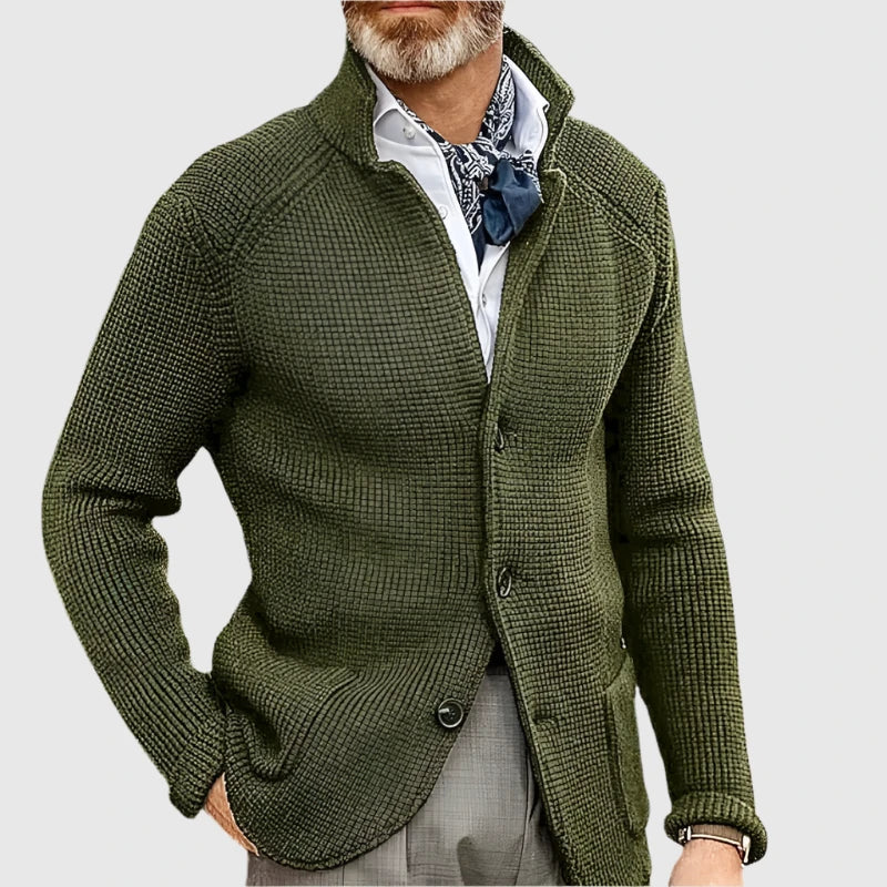 Mens Waffle Knit Cardigan Sweater Stand Collar Button Front