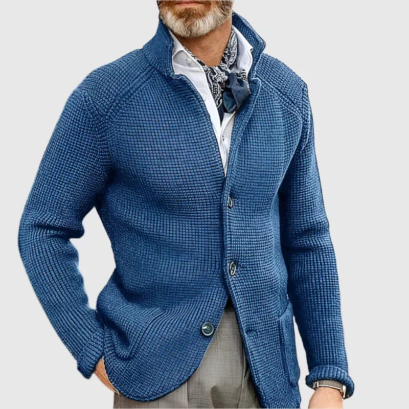 Mens Waffle Knit Cardigan Sweater Stand Collar Button Front