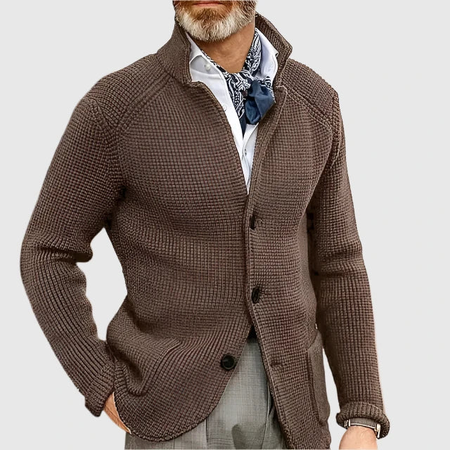 Mens Waffle Knit Cardigan Sweater Stand Collar Button Front