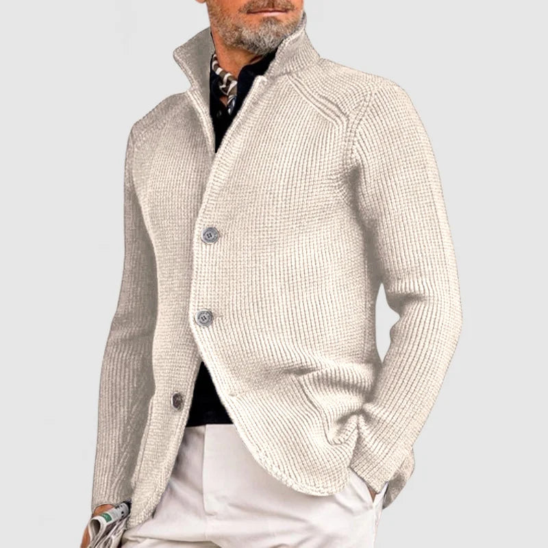 Mens Waffle Knit Cardigan Sweater Stand Collar Button Front