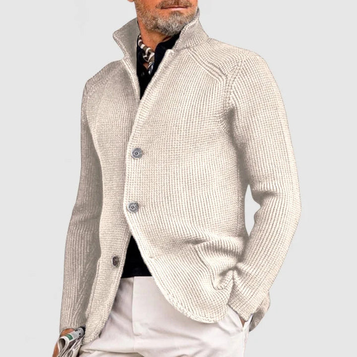 Mens Waffle Knit Cardigan Sweater Stand Collar Button Front