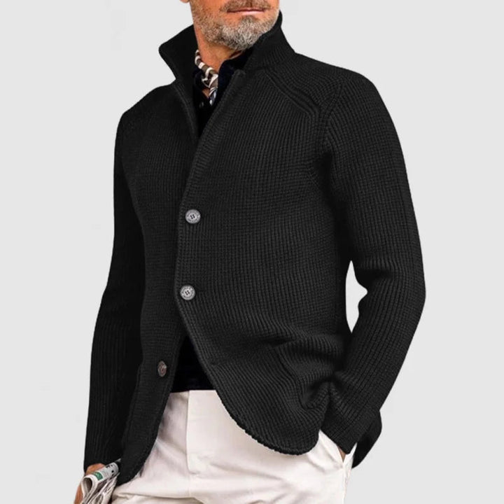 Mens Waffle Knit Cardigan Sweater Stand Collar Button Front