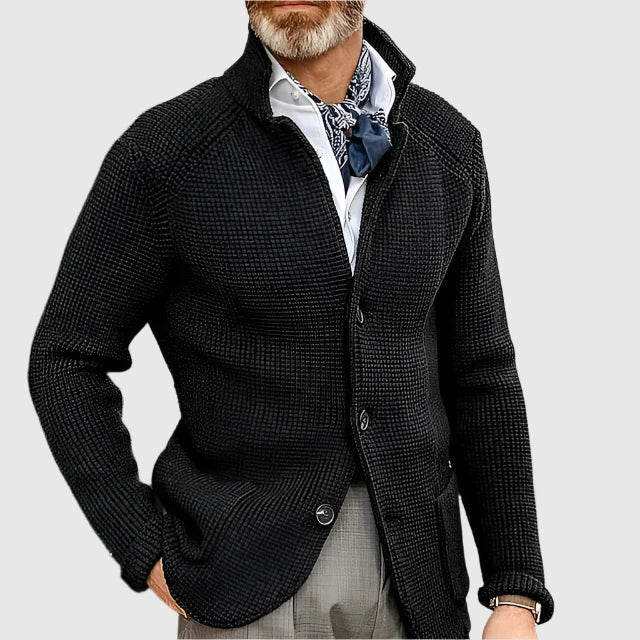 Mens Waffle Knit Cardigan Sweater Stand Collar Button Front