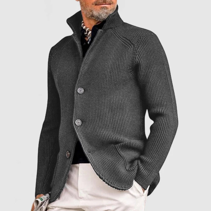 Mens Waffle Knit Cardigan Sweater Stand Collar Button Front