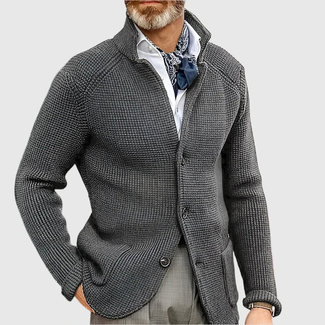 Mens Waffle Knit Cardigan Sweater Stand Collar Button Front