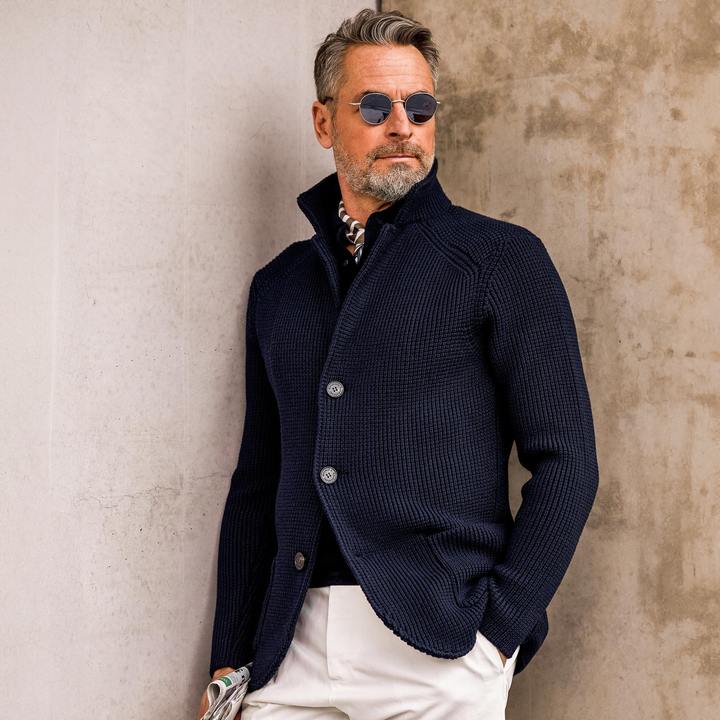 Mens Waffle Knit Cardigan Sweater Stand Collar Button Front