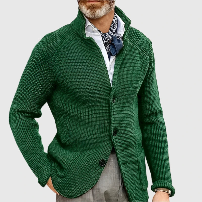 Mens Waffle Knit Cardigan Sweater Stand Collar Button Front