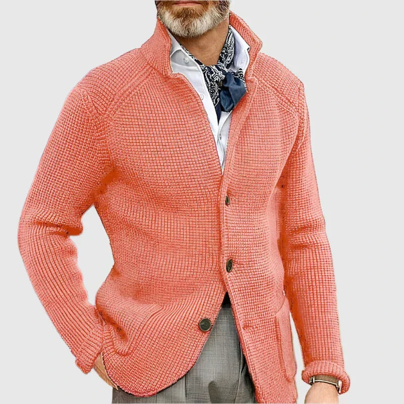 Mens Waffle Knit Cardigan Sweater Stand Collar Button Front