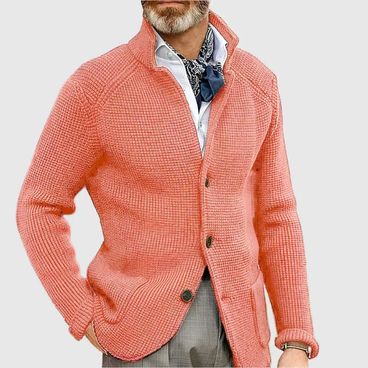 Mens Waffle Knit Cardigan Sweater Stand Collar Button Front