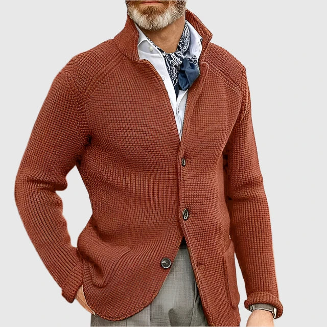 Mens Waffle Knit Cardigan Sweater Stand Collar Button Front