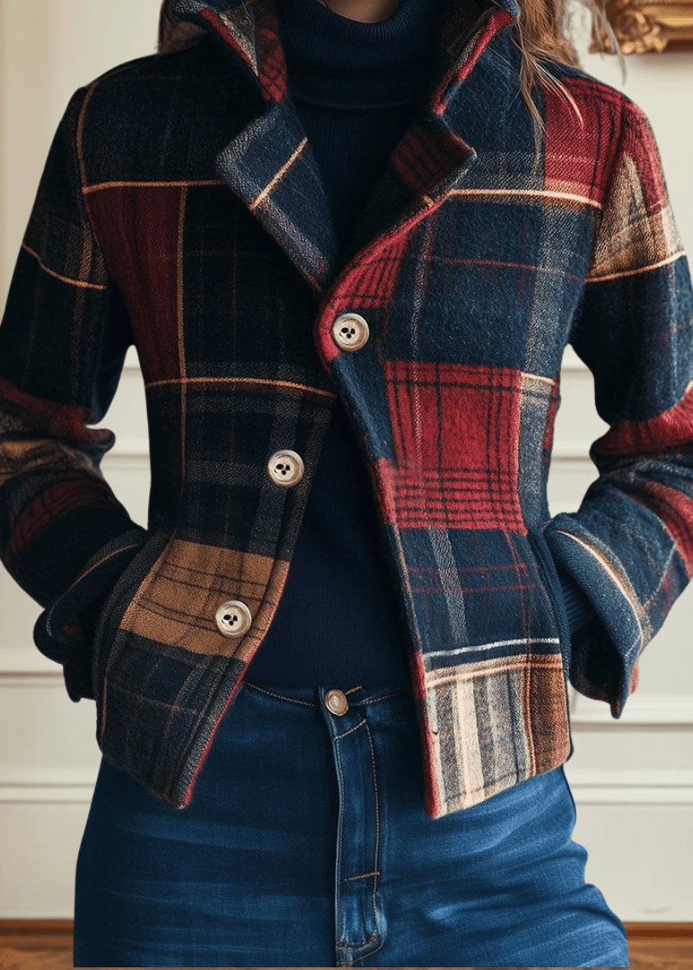 Womens Plaid Wool Blend Tailored Jacket