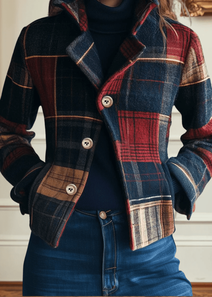 Womens Plaid Wool Blend Tailored Jacket