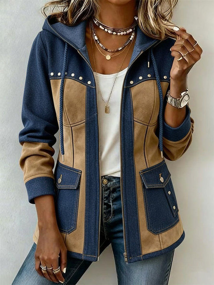 Womens Two Tone Hooded Zip Jacket Western Style