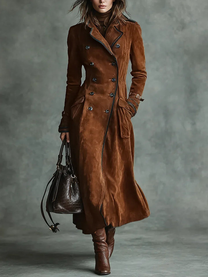 Women Double Breasted Longline Coat Notch Lapel