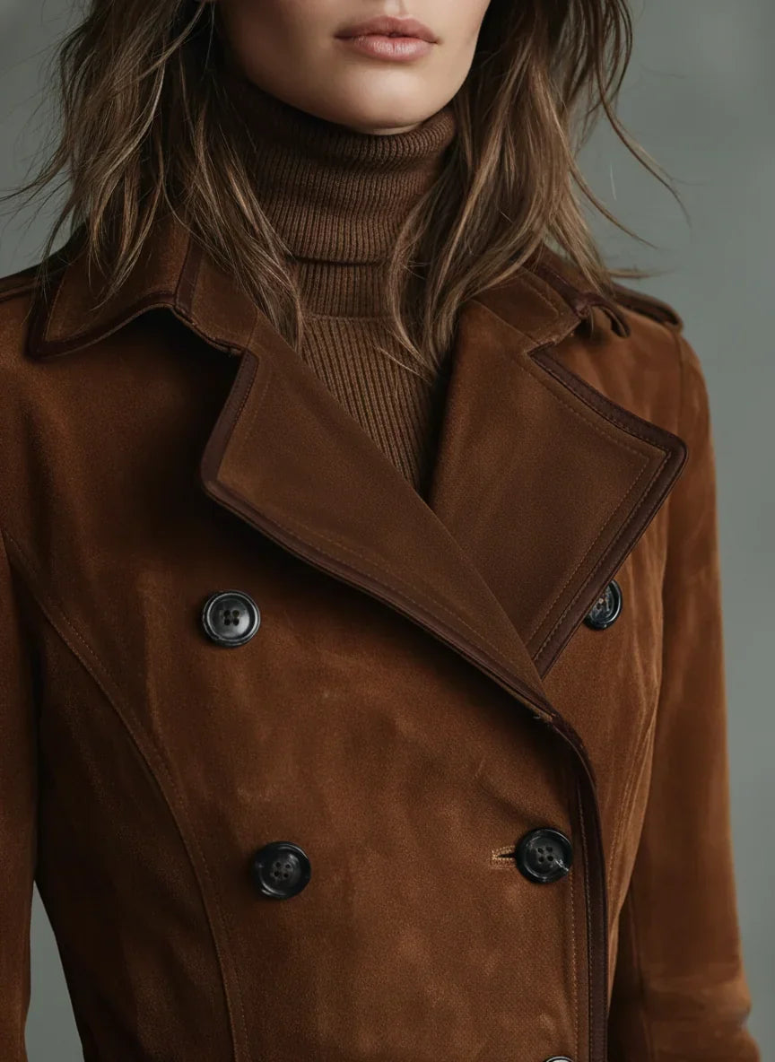 Women Double Breasted Longline Coat Notch Lapel