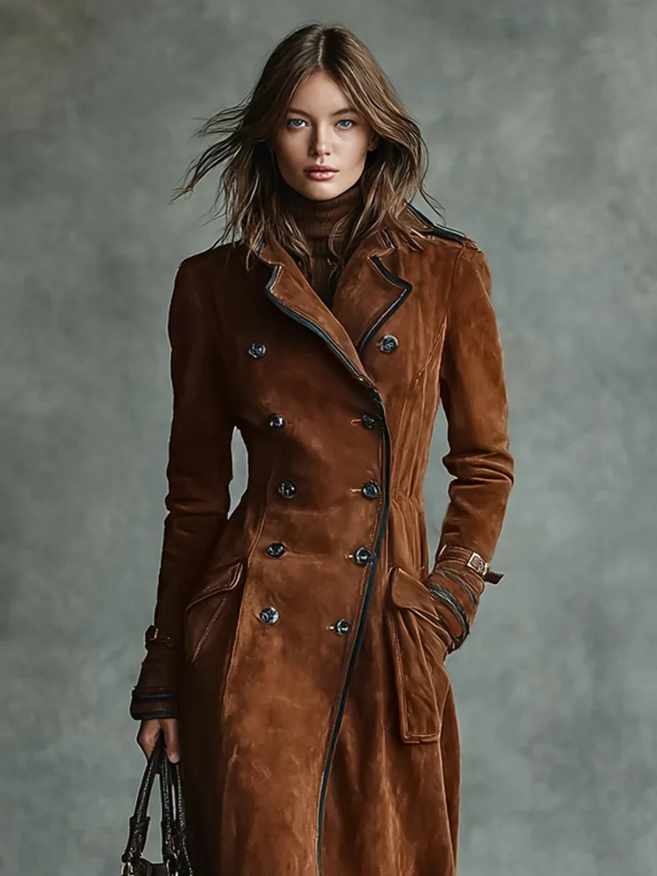 Women Double Breasted Longline Coat Notch Lapel