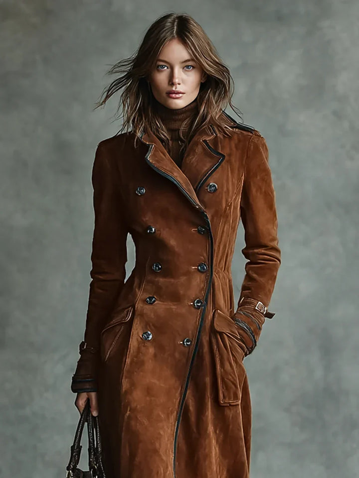 Women Double Breasted Longline Coat Notch Lapel