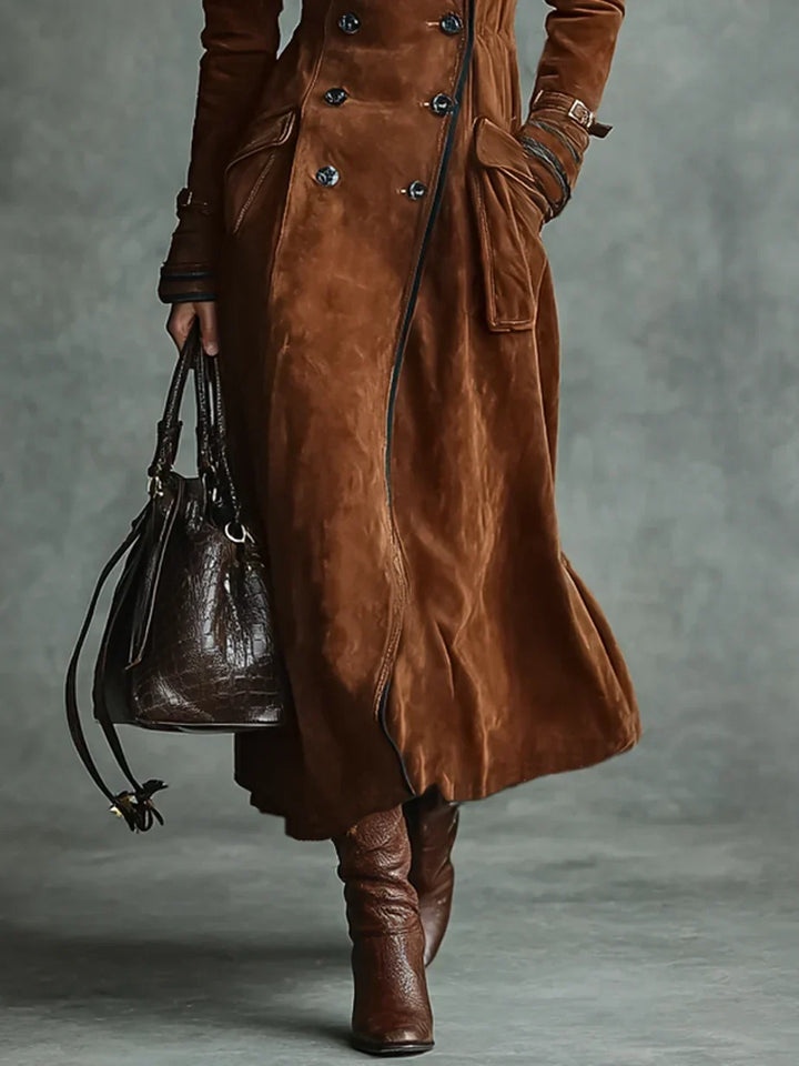 Women Double Breasted Longline Coat Notch Lapel