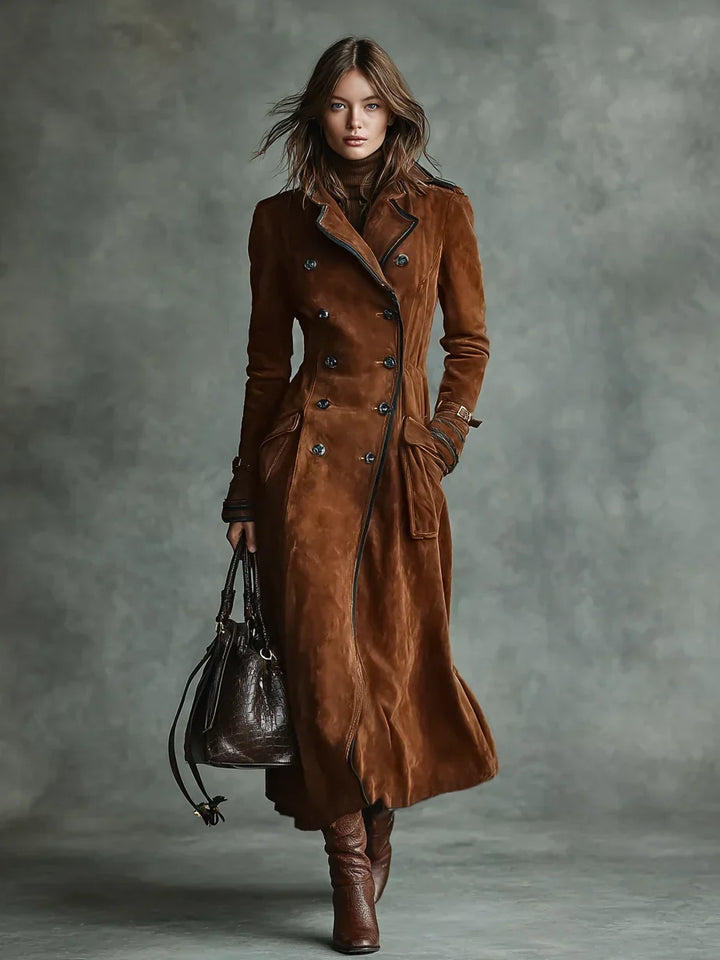 Women Double Breasted Longline Coat Notch Lapel