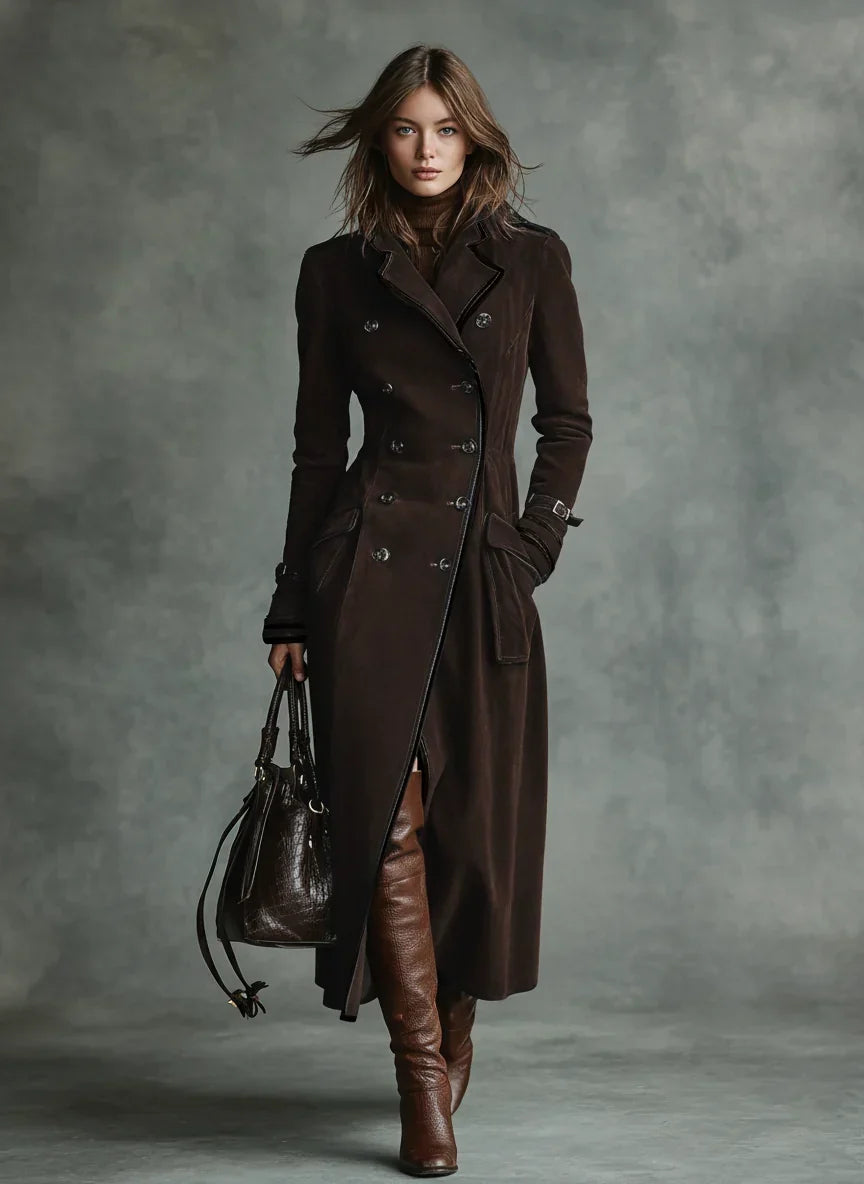 Women Double Breasted Longline Coat Notch Lapel